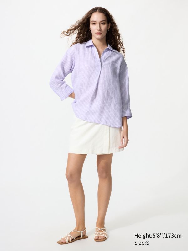 Premium Linen Skipper Collar 3/4 Sleeve Shirt | Striped