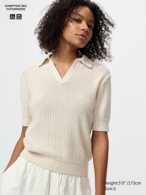 Cotton Pointelle Skipper Polo Sweater