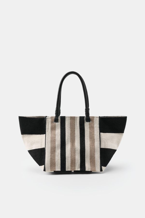 STRIPED BAG WITH LEATHER HANDLES