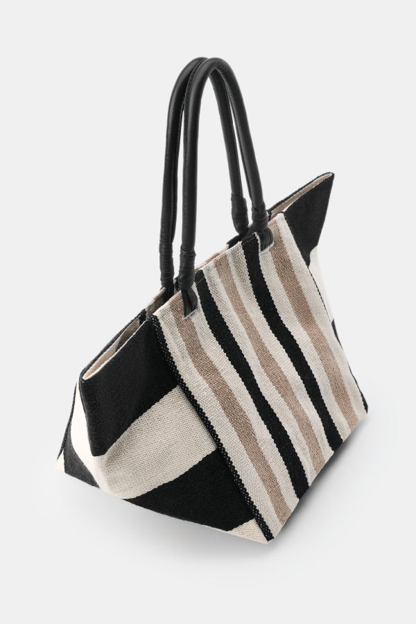 STRIPED BAG WITH LEATHER HANDLES