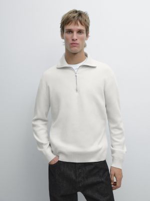 Cotton mock neck knit sweater with zip