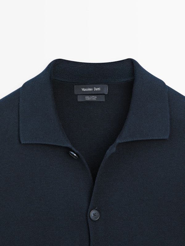 100% cotton knit cardigan with polo collar