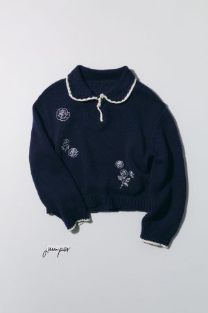 EMBROIDERED FLORAL PETER PAN COLLAR KNIT SWEATER