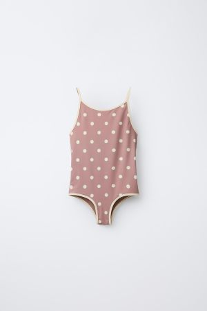 6-14 YEARS/ POLKA DOT SWIMSUIT WITH CONTRASTING PIPING