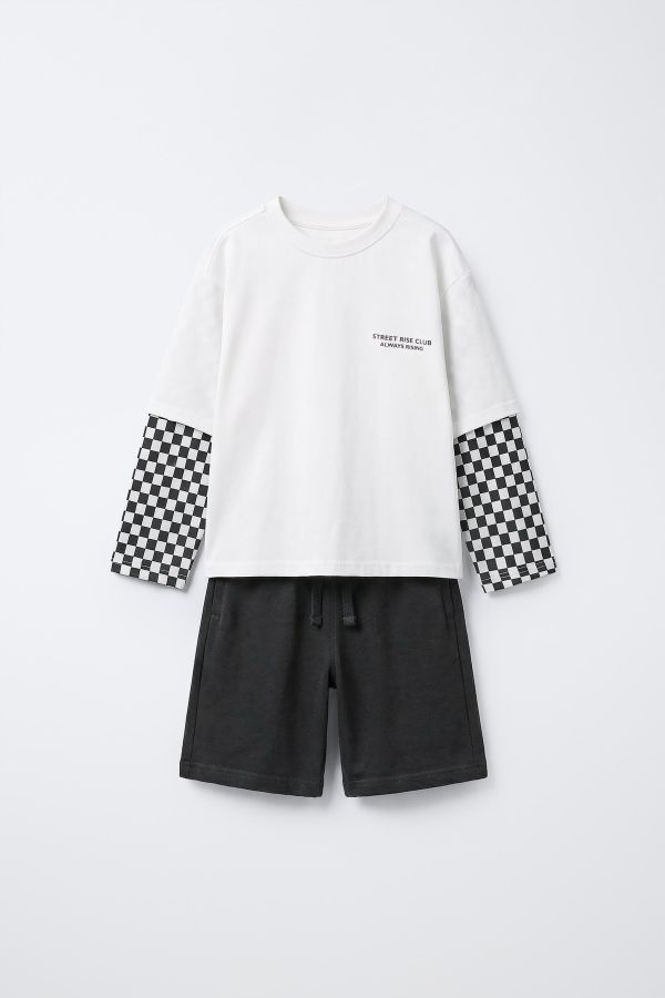 DOUBLE SLEEVE T-SHIRT AND CHECKERBOARD BERMUDA SET