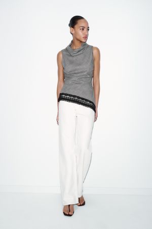 ASYMMETRIC HEM HOUNDSTOOTH LACE TOP