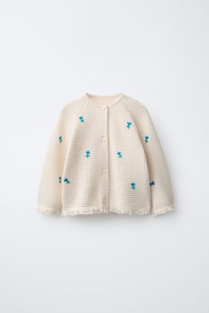 EMBROIDERED FLORAL TEXTURED KNIT CARDIGAN WITH LACE TRIM