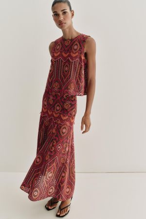 EMBROIDERED EYELET MIDI SKIRT