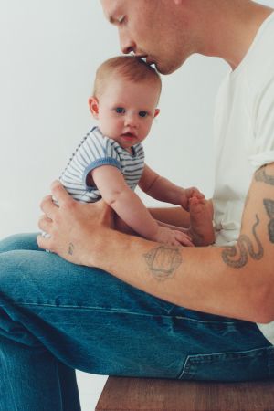 STRIPED KNIT SHORT JUMPSUIT WITH BUNNY PATCH