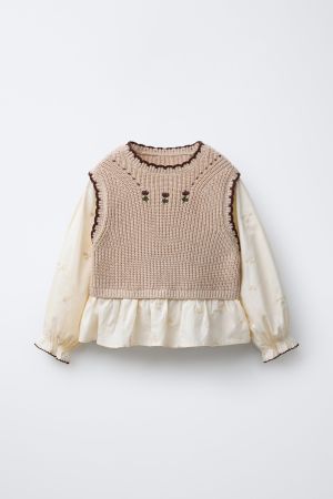 EMBROIDERED FLOWER SHIRT WITH KNIT VEST