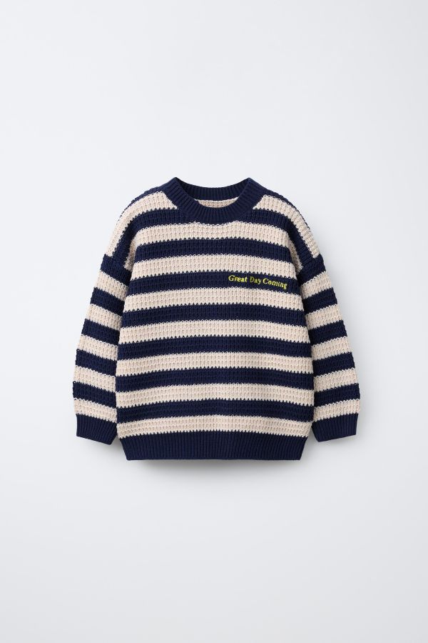 EMBROIDERED TEXT STRIPED KNIT JUMPER