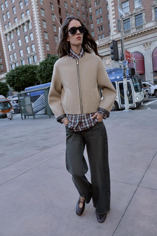 FAUX LEATHER TRIM BOMBER JACKET