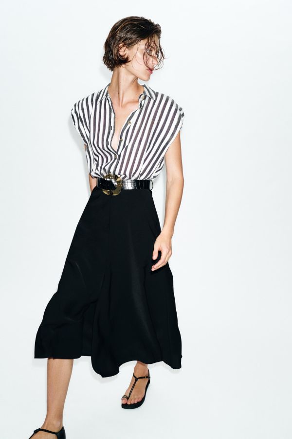 COMBINED STRIPED BELTED MIDI DRESS