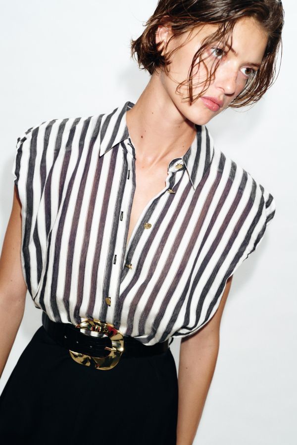 COMBINED STRIPED BELTED MIDI DRESS