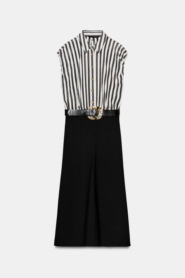 COMBINED STRIPED BELTED MIDI DRESS