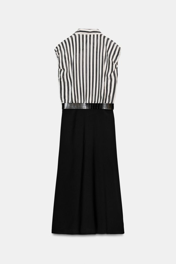 COMBINED STRIPED BELTED MIDI DRESS