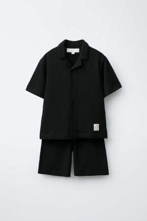 BOWLING SHIRT AND TEXTURED BERMUDA SHORTS SET WITH LABEL