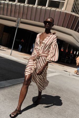 STRIPED BELTED MIDI DRESS