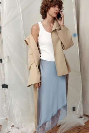 SATIN EFFECT MIDI SKIRT WITH ASYMMETRIC HEM AND LACE