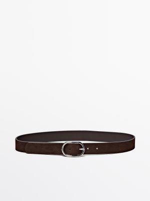 Nubuck leather belt with oval buckle