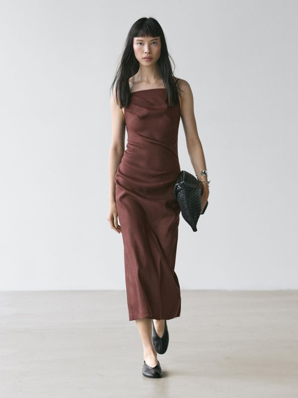 Strappy stretch linen blend midi dress