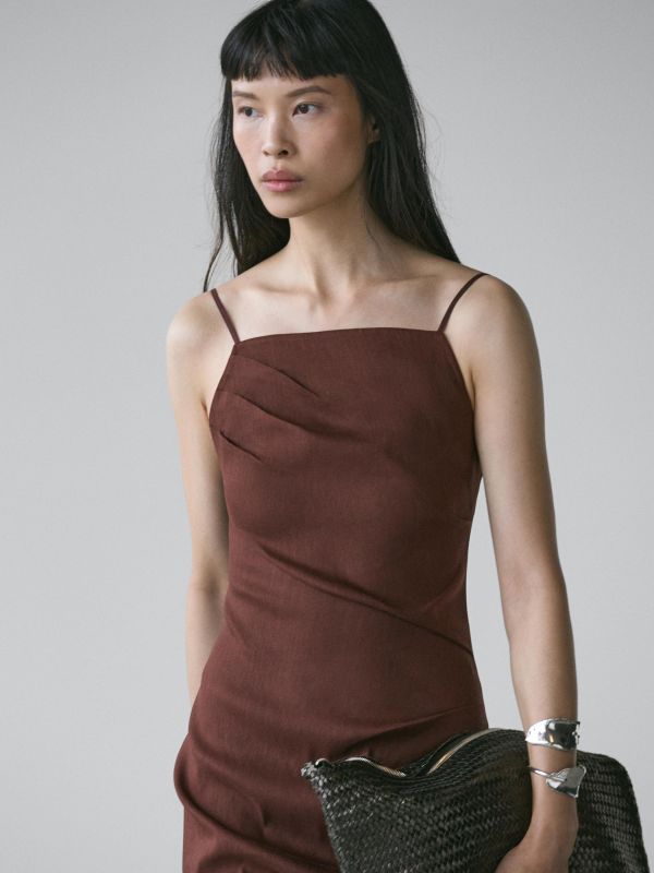 Strappy stretch linen blend midi dress