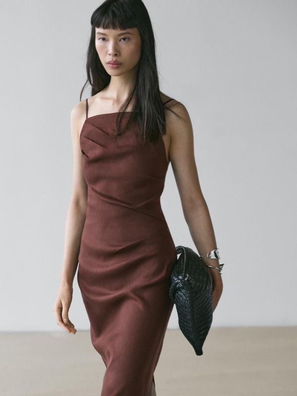 Strappy stretch linen blend midi dress
