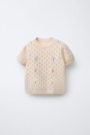 EMBROIDERED FLOWER OPENWORK KNIT TOP